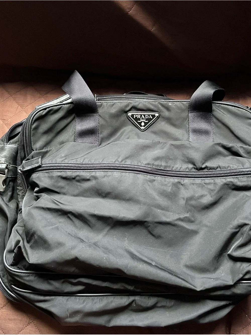 Prada Black Nylon Duffel Bag with Logo Plaque